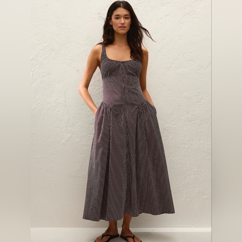 Faithfull the Brand Olas Midi Dress, Pinstripe Chocolate Plum, XS